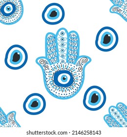 Hamsa Auge, magisches Auge nahtloses Muster. Magie, Hexerei, okkultes Symbol. Blauweiße goldene Augen. Tapete aus Spinnstoffen