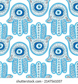 Hamsa eye, magical eye seamless pattern. Magic, witchcraft, occult symbol. Blue white golden eyes. Fabric textile wallpaper