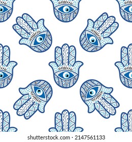 Hamsa eye, magical eye seamless pattern. Magic, witchcraft, occult symbol. Blue white golden eyes. Fabric textile wallpaper