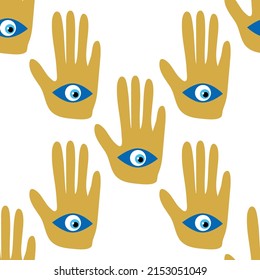 Hamsa eye, magical eye seamless pattern. Magic, witchcraft, occult symbol. Blue white golden eyes. Fabric textile wallpaper