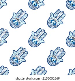 Hamsa eye, magical eye seamless pattern. Magic, witchcraft, occult symbol. Blue white golden eyes. Fabric textile wallpaper