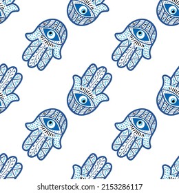 Hamsa eye, magical eye seamless pattern. Magic, witchcraft, occult symbol. Blue white golden eyes. Fabric textile wallpaper