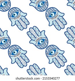 Hamsa eye, magical eye seamless pattern. Magic, witchcraft, occult symbol. Blue white golden eyes. Fabric textile wallpaper