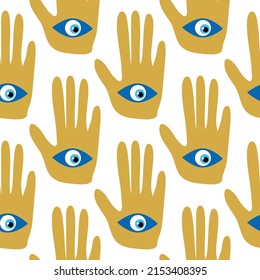 Hamsa eye, magical eye seamless pattern. Magic, witchcraft, occult symbol. Blue white golden eyes. Fabric textile wallpaper