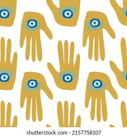 Hamsa eye, magical eye seamless pattern. Magic, witchcraft, occult symbol. Blue white golden eyes. Fabric textile wallpaper