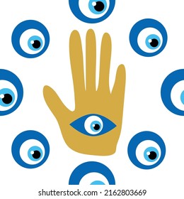 Hamsa eye, magical eye seamless pattern. Magic, witchcraft, occult symbol. Blue white golden eyes. Fabric textile wallpaper