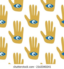 Hamsa eye, magical eye seamless pattern. Magic, witchcraft, occult symbol. Blue white golden eyes. Fabric textile wallpaper