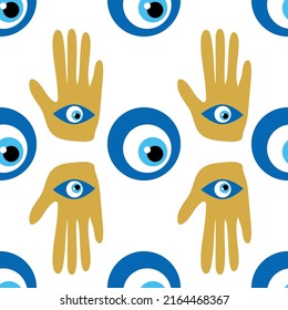 Hamsa eye, magical eye seamless pattern. Magic, witchcraft, occult symbol. Blue white golden eyes. Fabric textile wallpaper