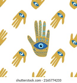 Hamsa eye, magical eye seamless pattern. Magic, witchcraft, occult symbol. Blue white golden eyes. Fabric textile wallpaper