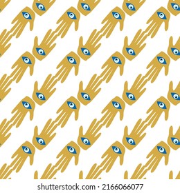 Hamsa eye, magical eye seamless pattern. Magic, witchcraft, occult symbol. Blue white golden eyes. Fabric textile wallpaper