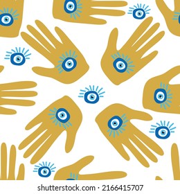 Hamsa eye, magical eye seamless pattern. Magic, witchcraft, occult symbol. Blue white golden eyes. Fabric textile wallpaper