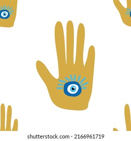Hamsa eye, magical eye seamless pattern. Magic, witchcraft, occult symbol. Blue white golden eyes. Fabric textile wallpaper