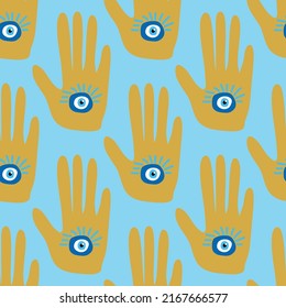 Hamsa eye, magical eye seamless pattern. Magic, witchcraft, occult symbol. Blue white golden eyes. Fabric textile wallpaper