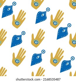 Hamsa eye, magical eye seamless pattern. Magic, witchcraft, occult symbol. Blue white golden eyes. Fabric textile wallpaper