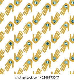 Hamsa eye, magical eye seamless pattern. Magic, witchcraft, occult symbol. Blue white golden eyes. Fabric textile wallpaper