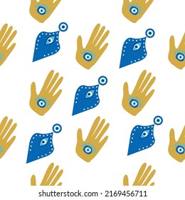 Hamsa eye, magical eye seamless pattern. Magic, witchcraft, occult symbol. Blue white golden eyes. Fabric textile wallpaper