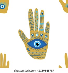 Hamsa eye, magical eye seamless pattern. Magic, witchcraft, occult symbol. Blue white golden eyes. Fabric textile wallpaper