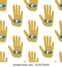 Hamsa eye, magical eye seamless pattern. Magic, witchcraft, occult symbol. Blue white golden eyes. Fabric textile wallpaper