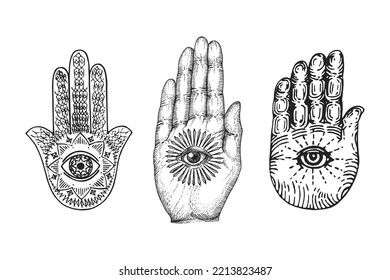 Hamsa and Eye of Providence on the palm, vector illustrations in engraving style. Vintage pastiche of magical and mystical symbols. Drawn sketches of esoteric sign.