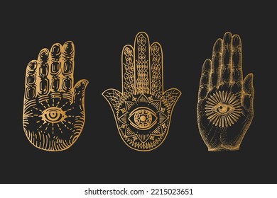 Hamsa and Eye of Providence on the palm, vector illustrations in engraving style. Vintage pastiche of magical and mystical symbols. Drawn sketches of esoteric sign.