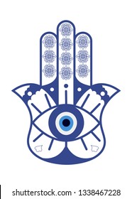 Hamsa or Fatima Hand with Evil Eye Nazar isolated. Hamsa Amulet or the Hand of Fatima protection charm vector illustration.