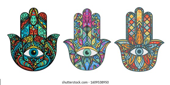 Hamsa, fatima hand illustrations set. Symmetric palm with eye drawings. Oriental protection amulet