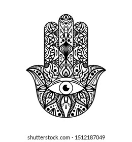 Hamsa, fatima hand monochrome illustration. Palm with eye amulet black and white drawing