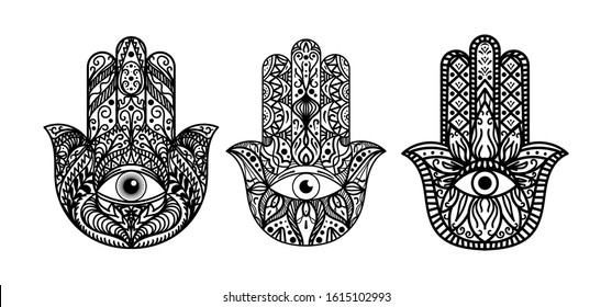 Hamsa, fatima hand monochrome illustrations set. Palm with eye amulet black and white drawings pack