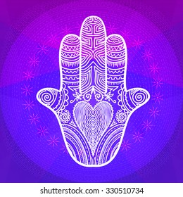 Hamsa (Fatima hand) on abstract background. 