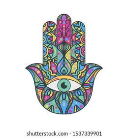 Hamsa Fatima Hand Religious Talisman Colored Sign Isolated on White Background. Elegant Floral Oriental Element Protection from Devil. Design in Bohemian Style Template Vector Flat Illustration