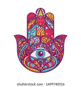 Hamsa Fatima Hand Tradition Amulet Colored Symbol Isolated on White Background. Indian Religious Sign with All Seeing Eye Ethnic Ornaments. Talisman Bohemian Style Mockup Vector Flat Illustration