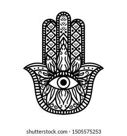 Hamsa Fatima Hand Tradition Amulet Monochrome. Religious Sign Arm with All Seeing Eye. Symbol of Protection from Mystic Creature. Vintage Bohemian Style Black and White Mockup Vector Flat Illustration