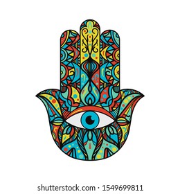 Hamsa Fatima Hand Tradition Amulet Colorful Symbol. Religious Sign Arm with All Seeing Eye. Decorative Protection Talisman from Evil Soul. Vintage Bohemian Style Mockup Vector Flat Illustration