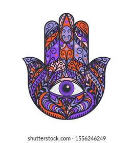 Hamsa Fatima Hand Tradition Amulet Colored Symbol Isolated on White Background. Indian Religious Sign with All Seeing Eye Ethnic Ornaments. Talisman Bohemian Style Mockup Vector Flat Illustration