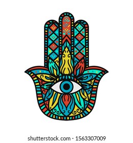 Hamsa Fatima Hand Tradition Amulet Colored Symbol Isolated on White Background. Indian Religious Sign with All Seeing Eye Ethnic Ornaments. Talisman Bohemian Style Mockup Vector Flat Illustration