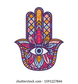 Hamsa Fatima Hand Tradition Amulet Colorful Symbol. Religious Sign Arm with All Seeing Eye. Decorative Protection Talisman from Evil Soul. Vintage Bohemian Style Mockup Vector Flat Illustration