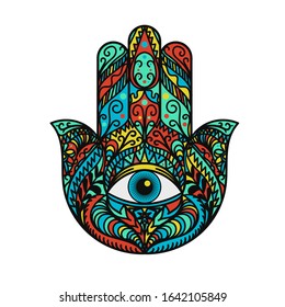 Hamsa Fatima Hand Tradition Amulet Colorful Symbol. Religious Sign Arm with All Seeing Eye. Decorative Protection Talisman from Evil Soul. Vintage Bohemian Style Mockup Vector Flat Illustration