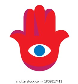 Hamsa fatima hand tradition amulet flat symbol. Religious sign arm with all seeing eye. Decorative protection talisman from evil soul.