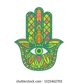 Hamsa Fatima Hand Tradition Talisman Colored Sign Isolated on White Background. Decorative Oriental Religious Element Symbol. Designed in Bohemian Style Template Vector Flat Illustration