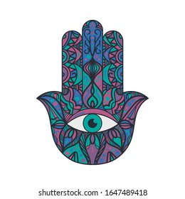 Hamsa Fatima Hand Tradition Talisman Colored Sign Isolated on White Background. Decorative Oriental Religious Element Symbol. Designed in Bohemian Style Template Vector Flat Illustration