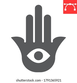 Hamsa glyph icon, rosh hashanah and hand eye, hamsa sign vector graphics, editable stroke solid icon, eps 10