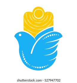 Hamsa hand and bird messenger, peace dove. ?and of Fatima, vector illustration on a white background
