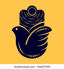 Hamsa hand and bird messenger, peace dove. Hand of Fatima, vector illustration