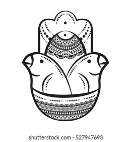 Hamsa hand and birds in the nest. ?and of Fatima, vector illustration on a white background
