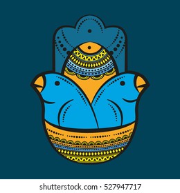 Hamsa hand and birds in the nest. ?and of Fatima, vector illustration
