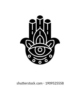 Hamsa Hand black glyph icon. God hand. Eye in middle. Five senses to praise God. Protection against evil eye. Luck, good fortune. Silhouette symbol on white space. Vector isolated illustration