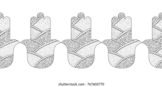 Hamsa hand. Black and white illustration for coloring page. Decorative amulet for good luck and prosperity.