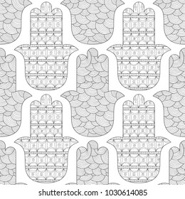 Hamsa hand. Black and white seamless pattern for coloring page. Decorative amulet for good luck and prosperity.