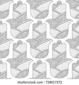 Hamsa hand. Black and white seamless pattern for coloring page. Decorative amulet for good luck and prosperity.