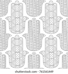 Hamsa hand. Black and white seamless pattern for coloring page. Decorative amulet for good luck and prosperity.
